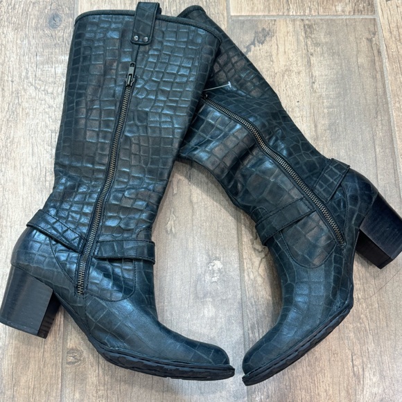 Born Lewis black croc embossed leather double buckle heeled boots - Picture 8 of 15